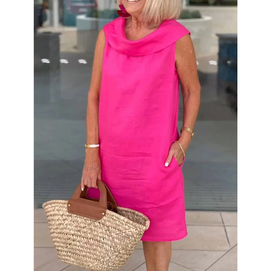 Lininė vasarinė suknelė su plačia apykakle