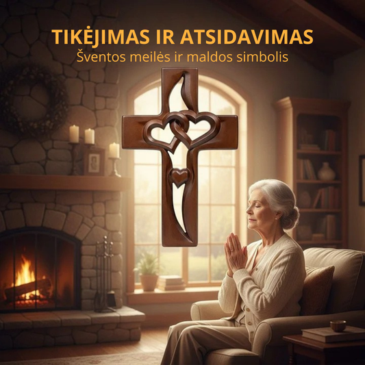 Medinė sieninė dekoracija – kryžius su širdimi
