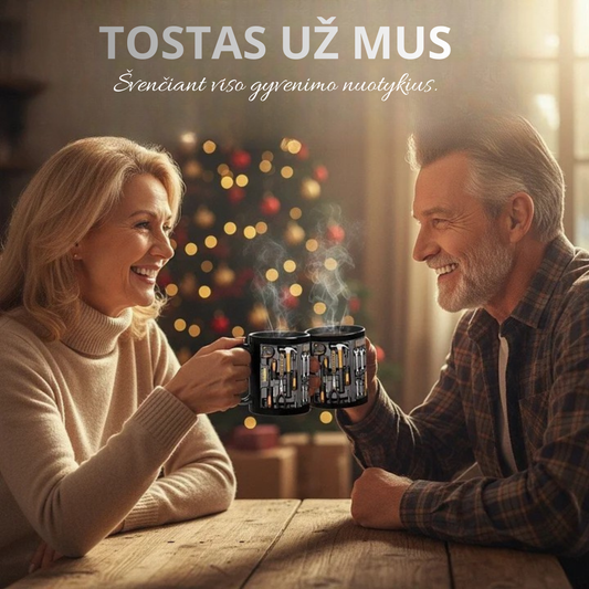 Keraminis puodelis mechanikui su įrankių dizainu