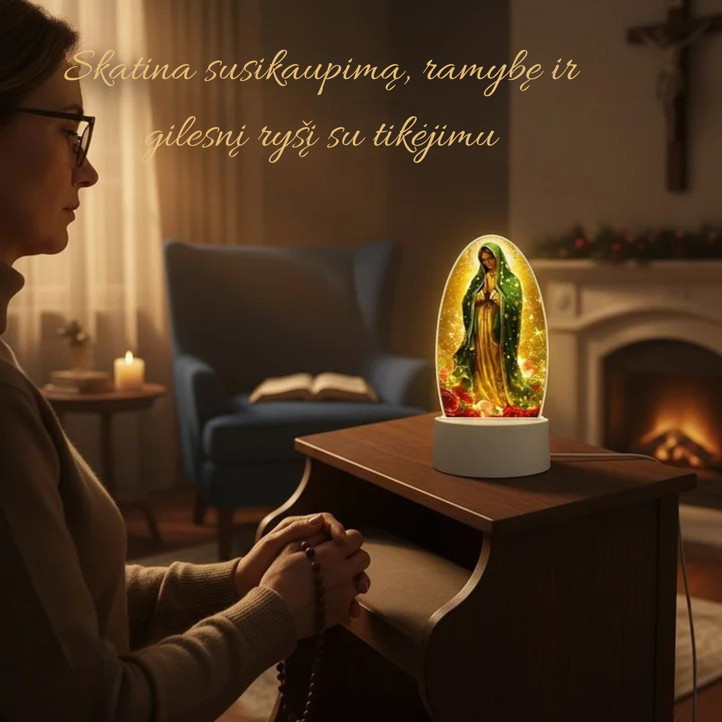 Dekoratyvinė šviesos lempa su šventosios atvaizdu