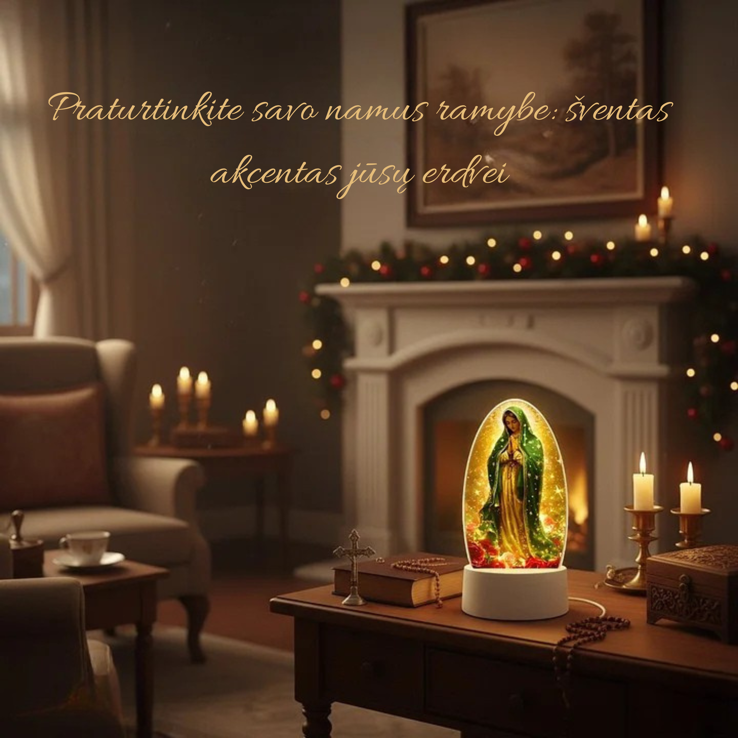 Dekoratyvinė šviesos lempa su šventosios atvaizdu