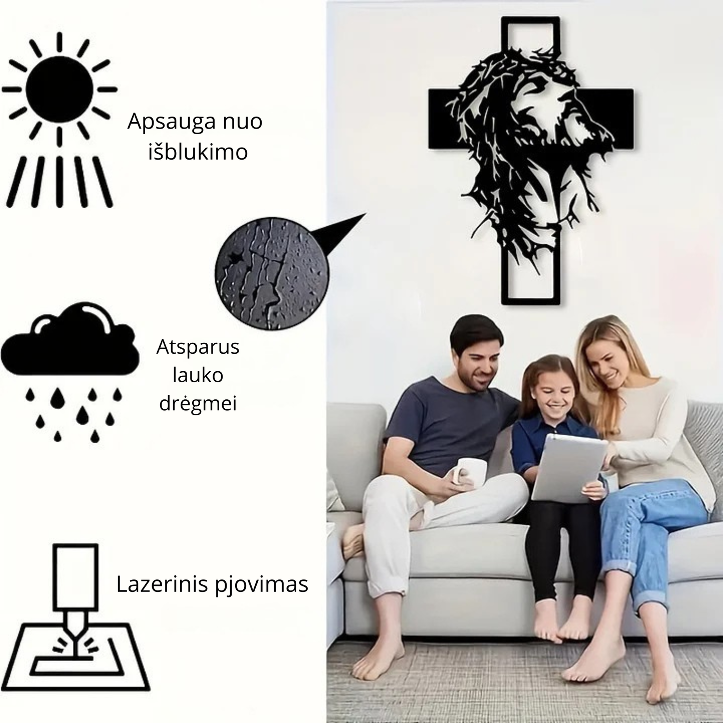 Rankų darbo stiliaus metalo dekoracija – kryžius ir Jėzaus siluetas jūsų erdvei