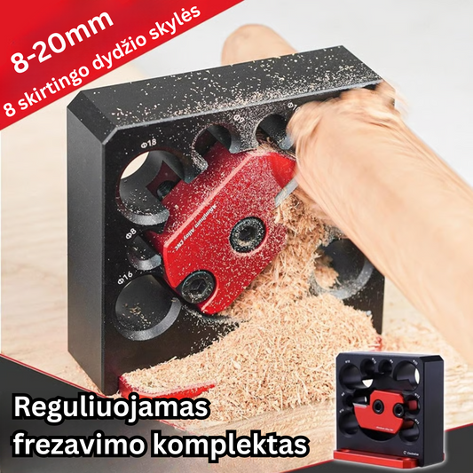 Reguliuojamas frezavimo komplektas apvaliems mediniams strypams