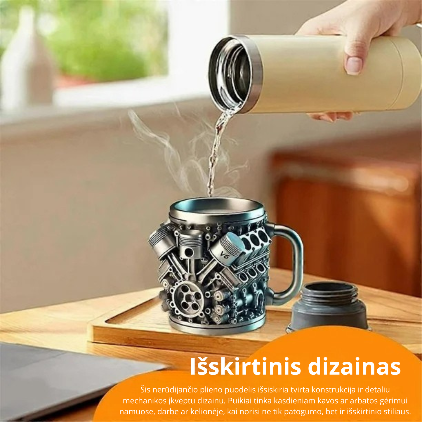 Išskirtinio dizaino kavos puodelis su V6 / V8 variklio motyvu