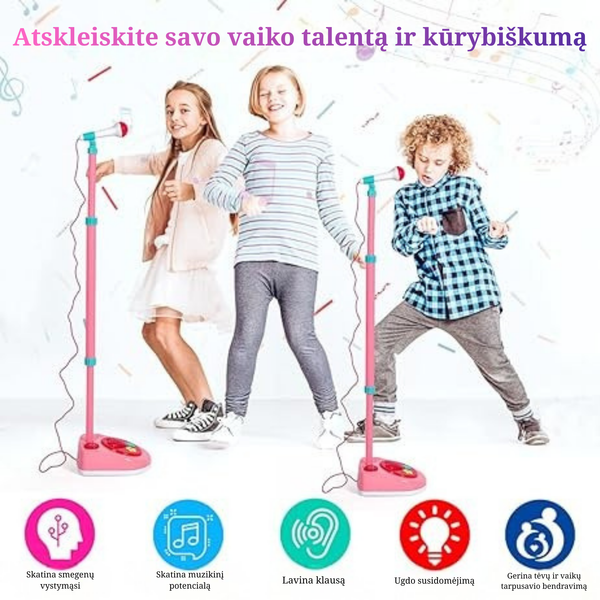 Vaikiškas mikrofonas su stovu ir šviesomis