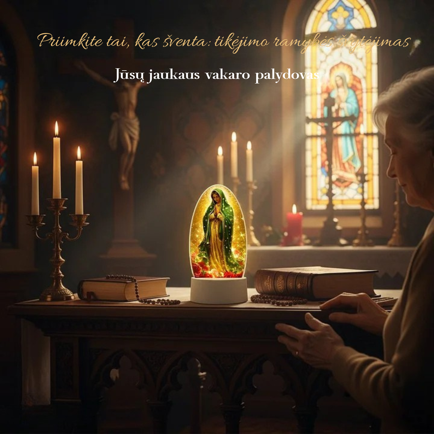 Dekoratyvinė šviesos lempa su šventosios atvaizdu