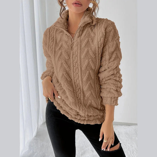 Moteriškas pūkuotas megztinis su užtrauktuku