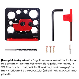 Reguliuojamas frezavimo komplektas apvaliems mediniams strypams