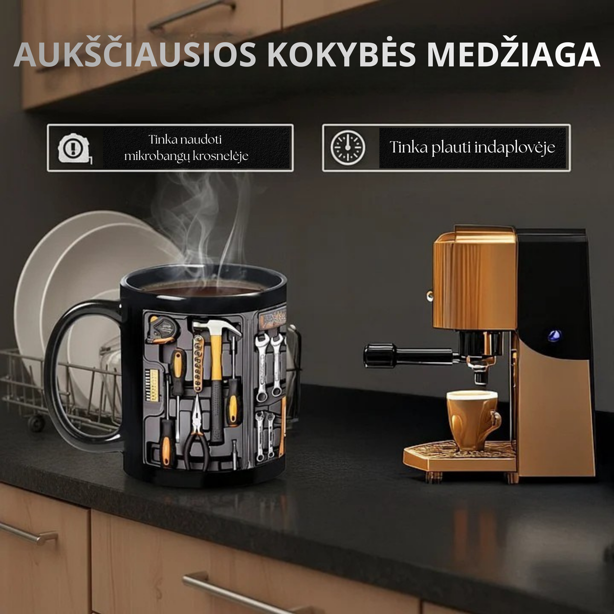 Keraminis puodelis mechanikui su įrankių dizainu