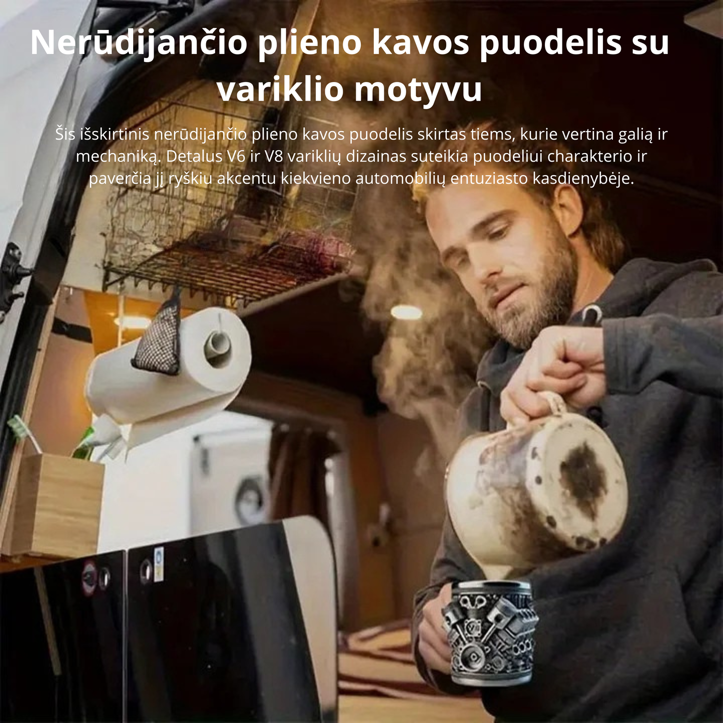 Išskirtinio dizaino kavos puodelis su V6 / V8 variklio motyvu