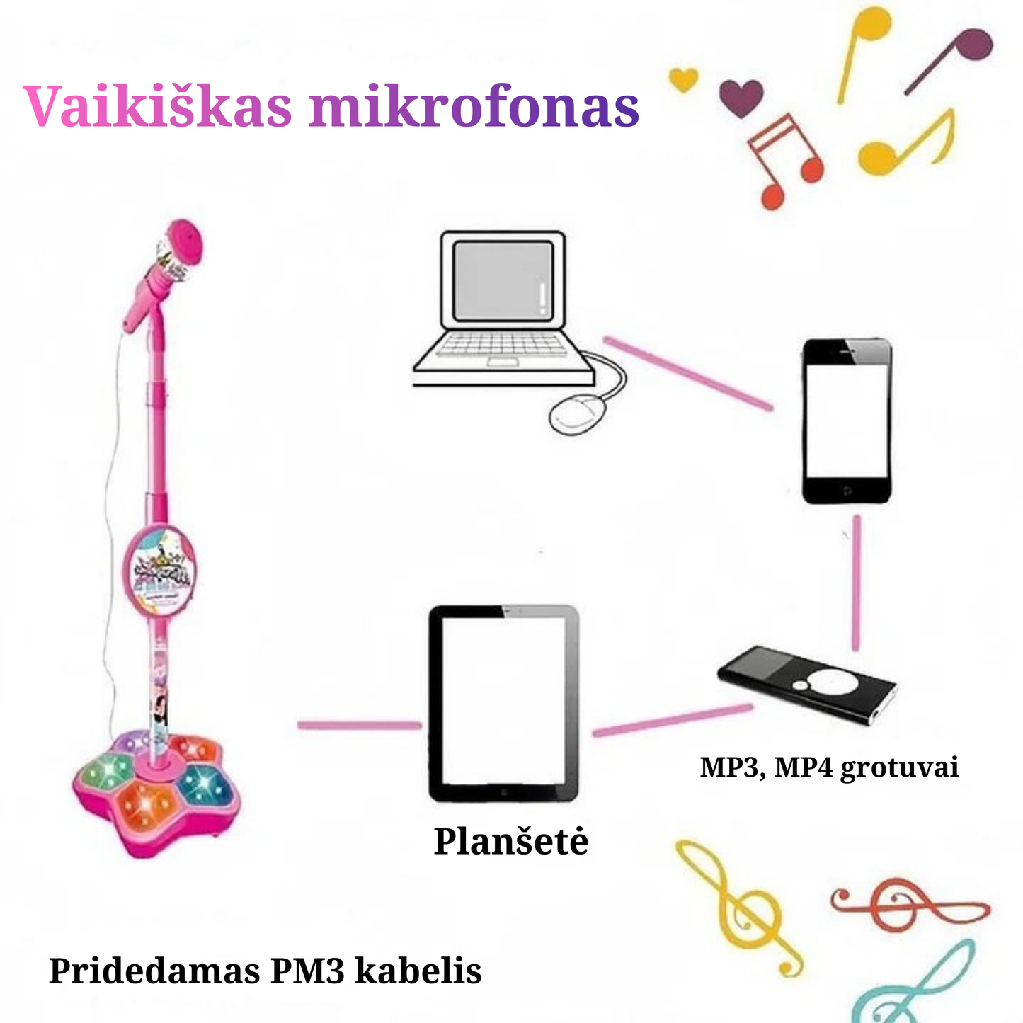 Vaikiškas mikrofonas su stovu ir šviesomis