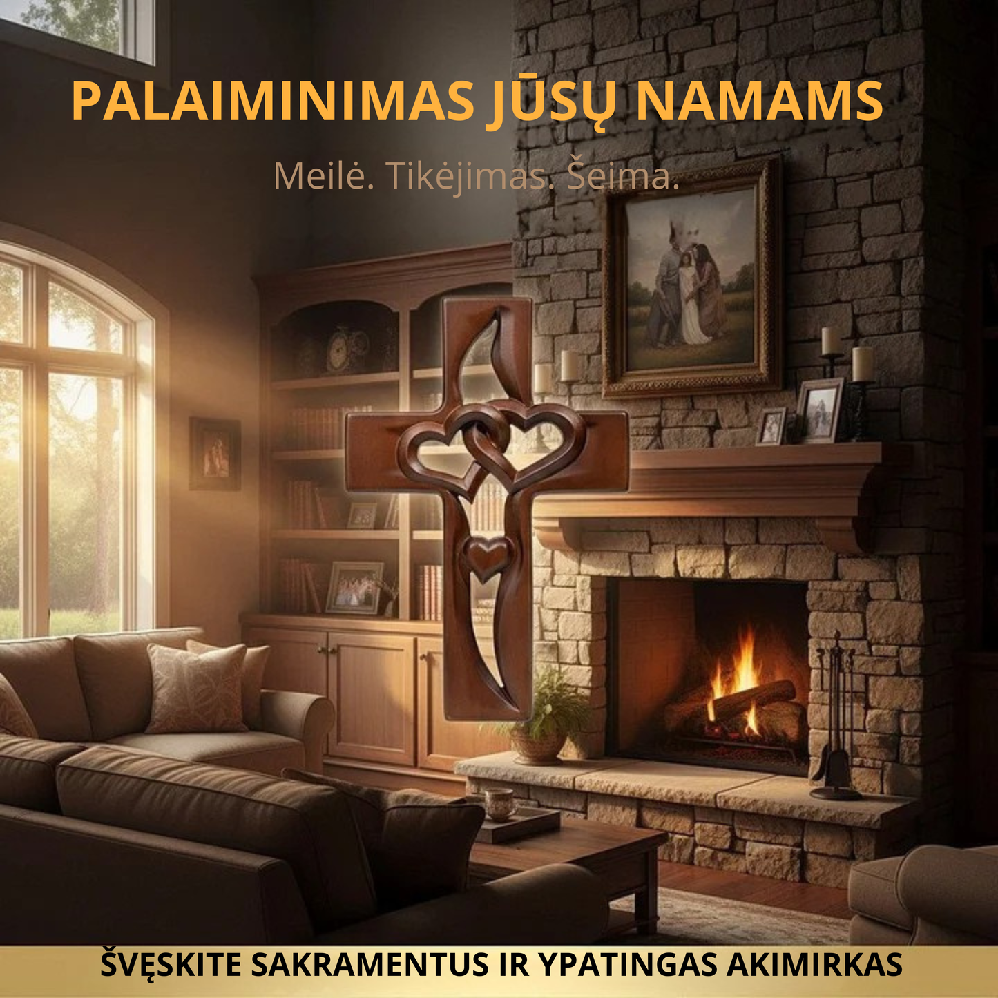 Medinė sieninė dekoracija – kryžius su širdimi