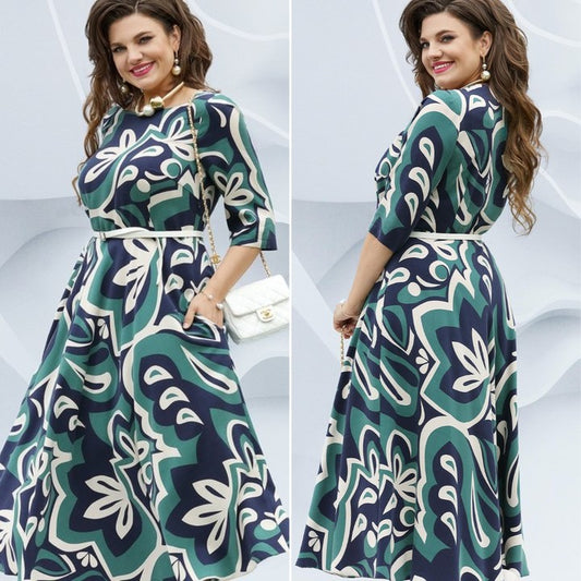 Karališka laisva suknelė su kišenėmis ir dirželiu