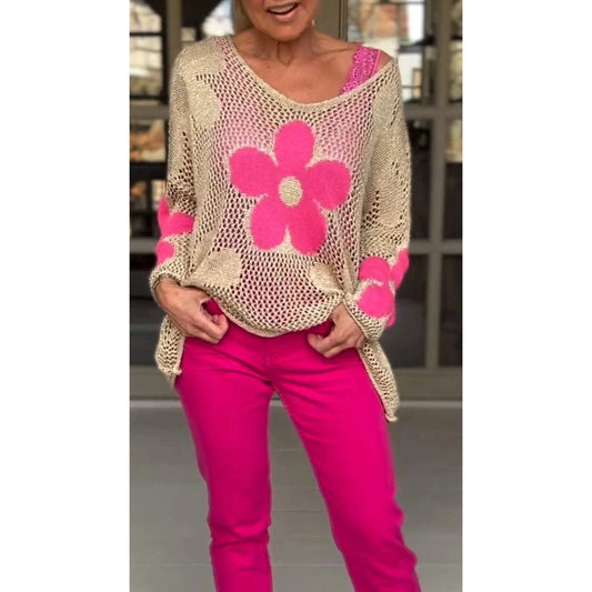 Bohemiškas nertas vasarinis megztinis su gėlėmis