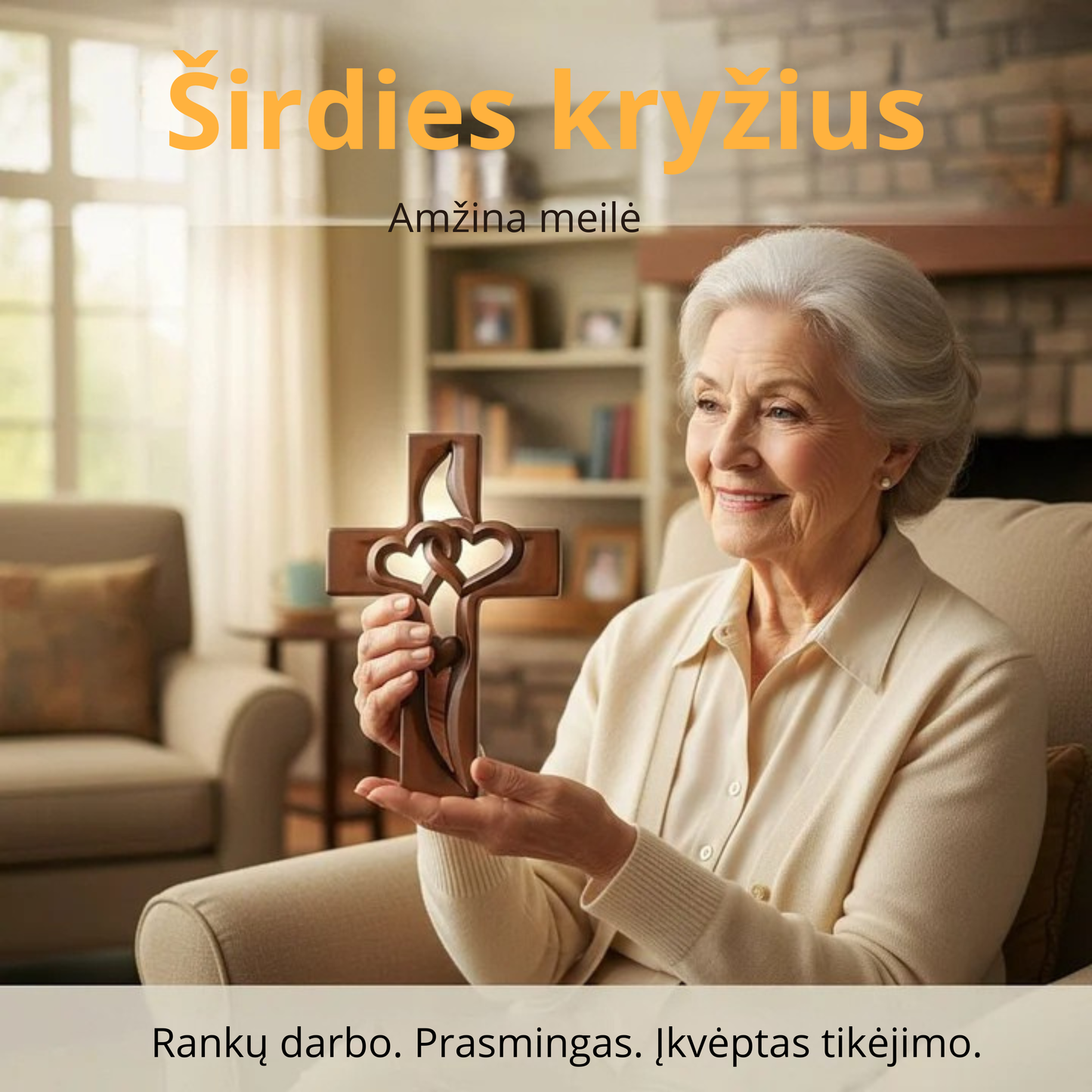 Medinė sieninė dekoracija – kryžius su širdimi