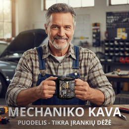Keraminis puodelis mechanikui su įrankių dizainu