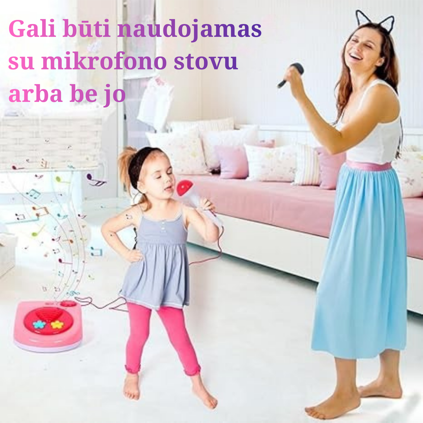 Vaikiškas mikrofonas su stovu ir šviesomis