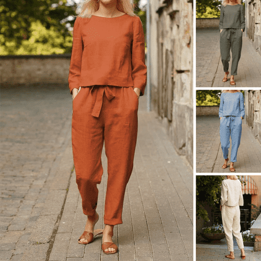 Laisvo stiliaus lininis dviejų dalių kostiumėlis