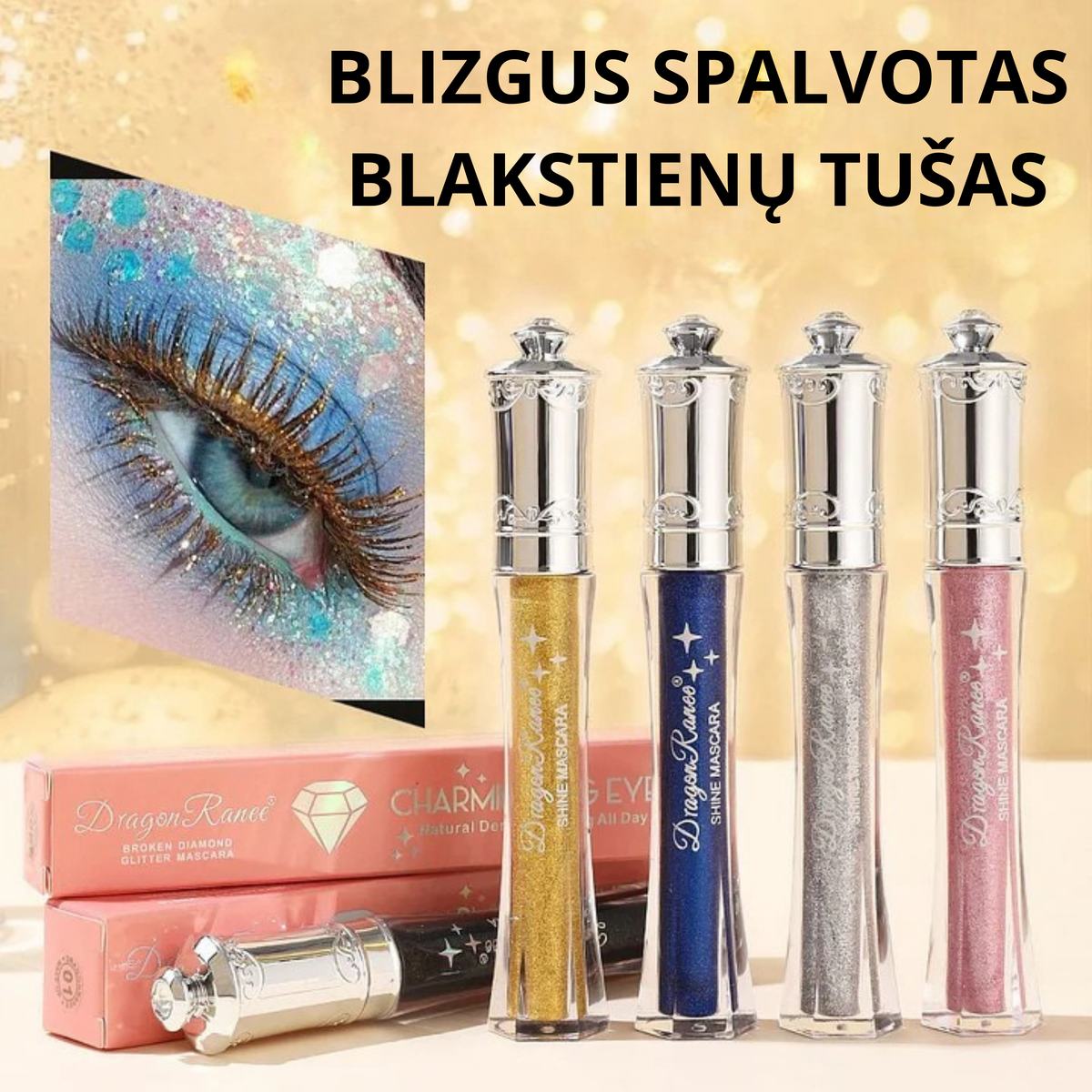 Vandeniui atsparus blizgus tušas blakstienoms