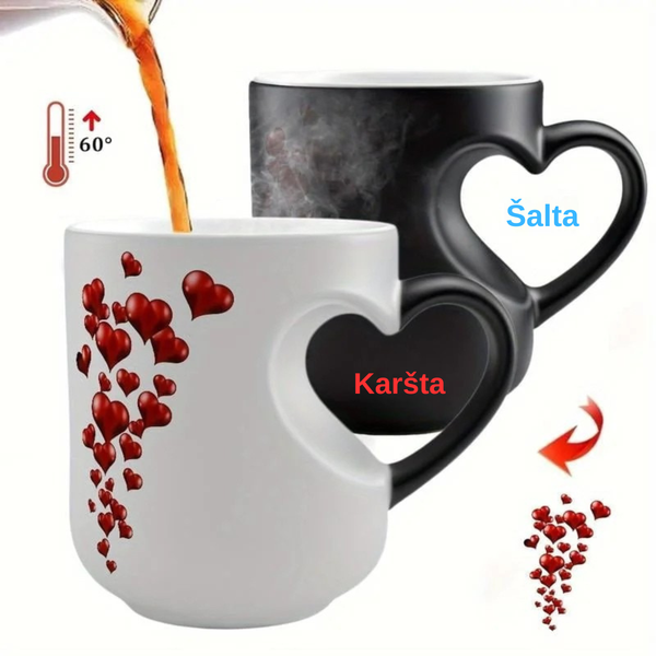 Magiškas keraminis puodelis keičiantis spalvą su širdelės formos rankena