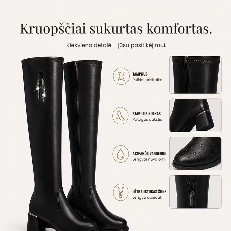 Šilti tamprūs odiniai moteriški batai virš kelių