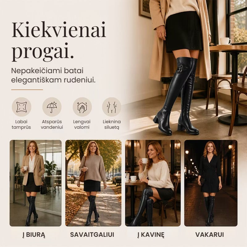 Šilti tamprūs odiniai moteriški batai virš kelių