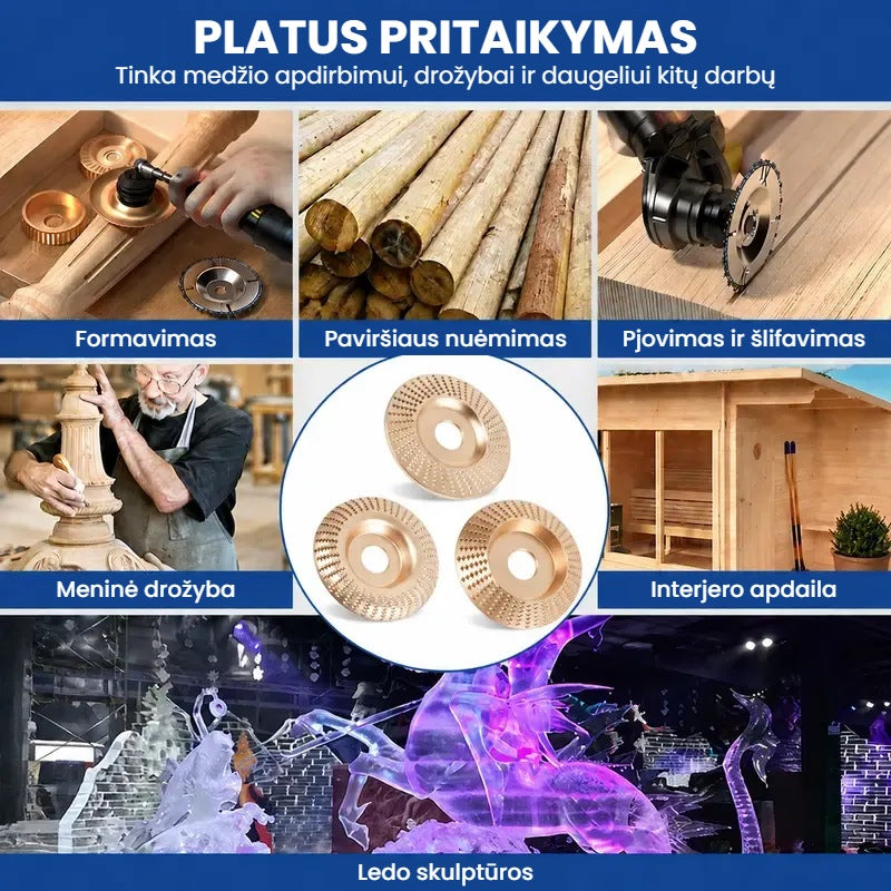 Tvirtas medžio drožybos diskų rinkinys kampiniam šlifuokliui (3 vnt.)