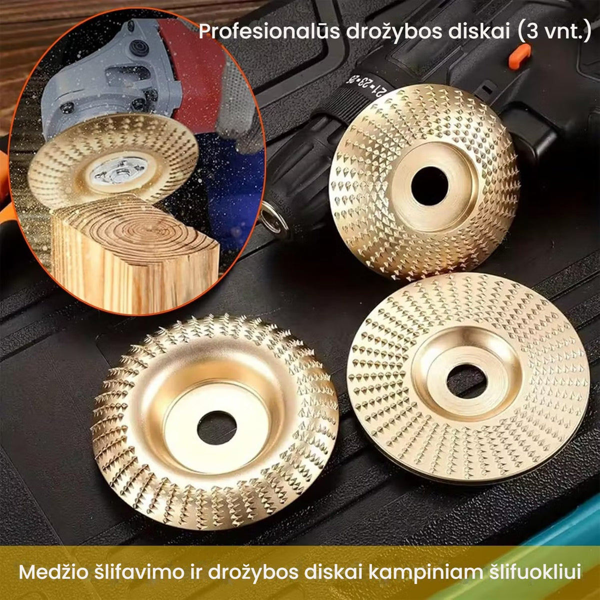 Tvirtas medžio drožybos diskų rinkinys kampiniam šlifuokliui (3 vnt.)