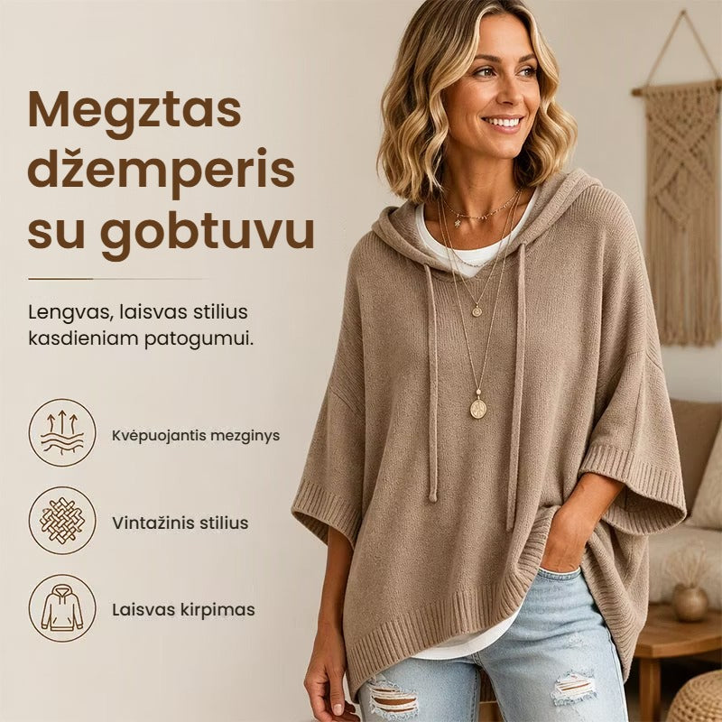 Laisvas megztas moteriškas džemperis su gobtuvu
