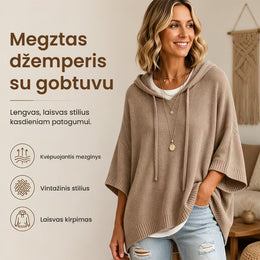 Laisvas megztas moteriškas džemperis su gobtuvu