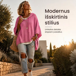 Laisvas megztas moteriškas džemperis su gobtuvu