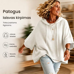 Laisvas megztas moteriškas džemperis su gobtuvu