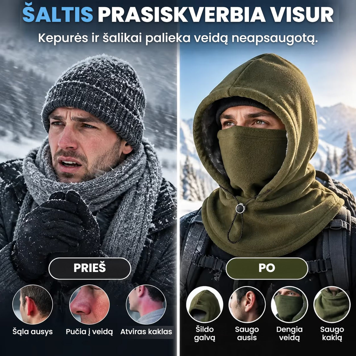 Šilta flisinė balaklava su gobtuvu