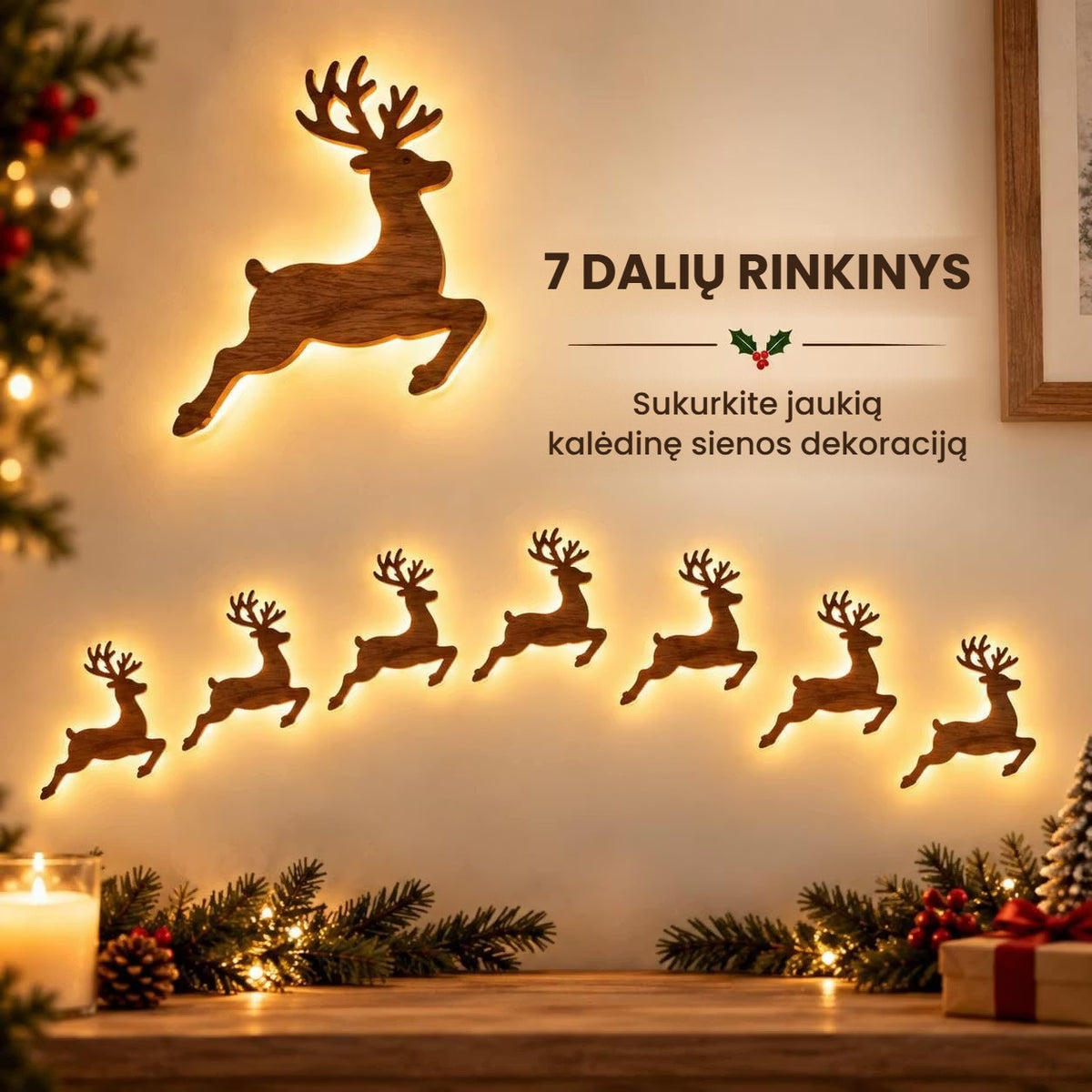 Šviečiančios kalėdinės sienų dekoracijos (7 vnt.)