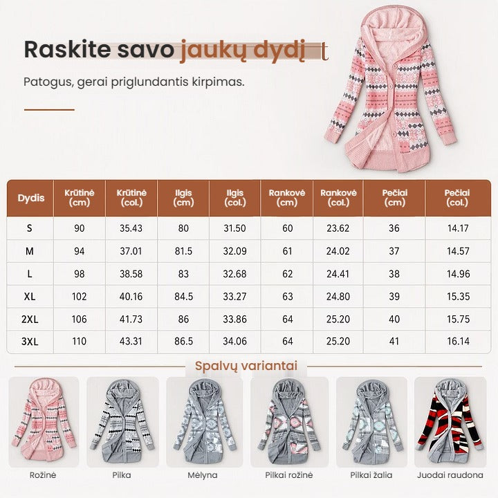 Šiltas ilgas megztas kardiganas su gobtuvu