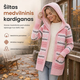 Šiltas ilgas megztas kardiganas su gobtuvu