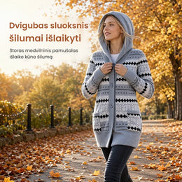 Šiltas ilgas megztas kardiganas su gobtuvu