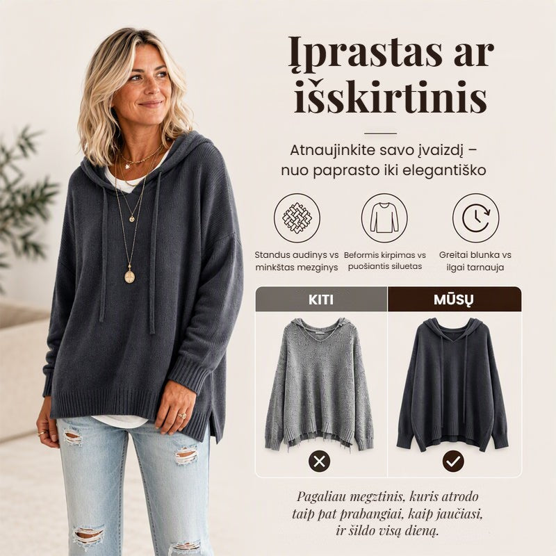 Jaukus laisvas megztinis su gobtuvu