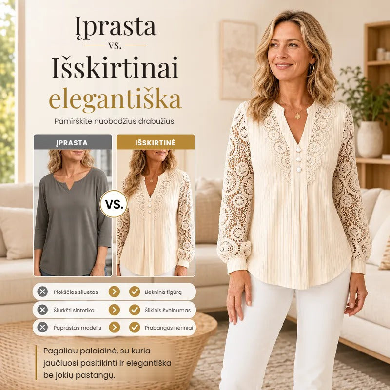 Elegantiška moteriška palaidinė su nėriniuotomis rankovėmis