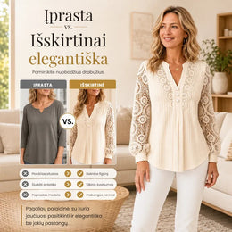 Elegantiška moteriška palaidinė su nėriniuotomis rankovėmis